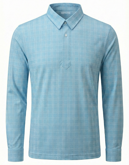 DapperTee Denmark Blue checks long sleeve polo luxury premium professional office attire.
