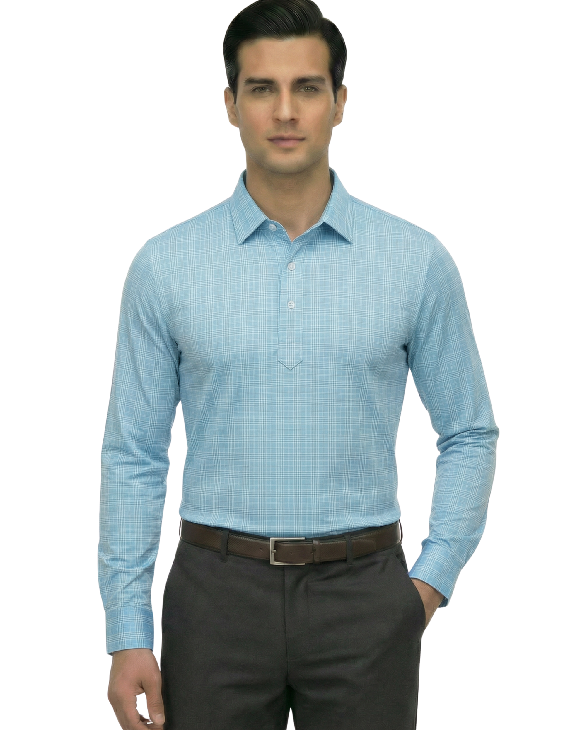 Men's DapperTee blue long sleeve polo breathable polyamide fabric for professional office.