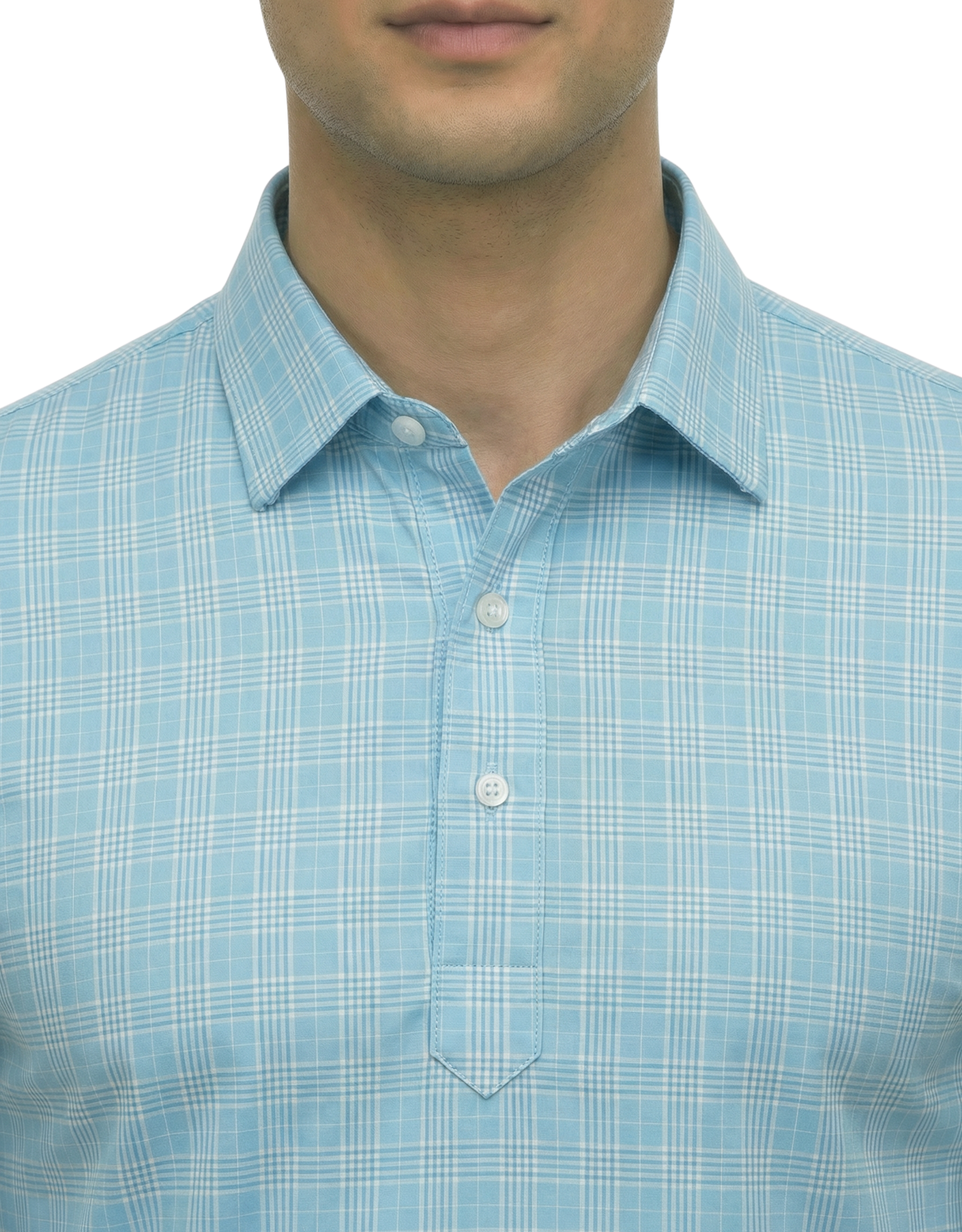 DapperTee blue checks long sleeve polo highlighting firm collar and professional fit.
