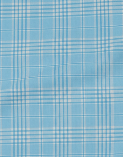 Close-up specialized polyamide fabric texture on DapperTee Denmark Blue checks office polo.
