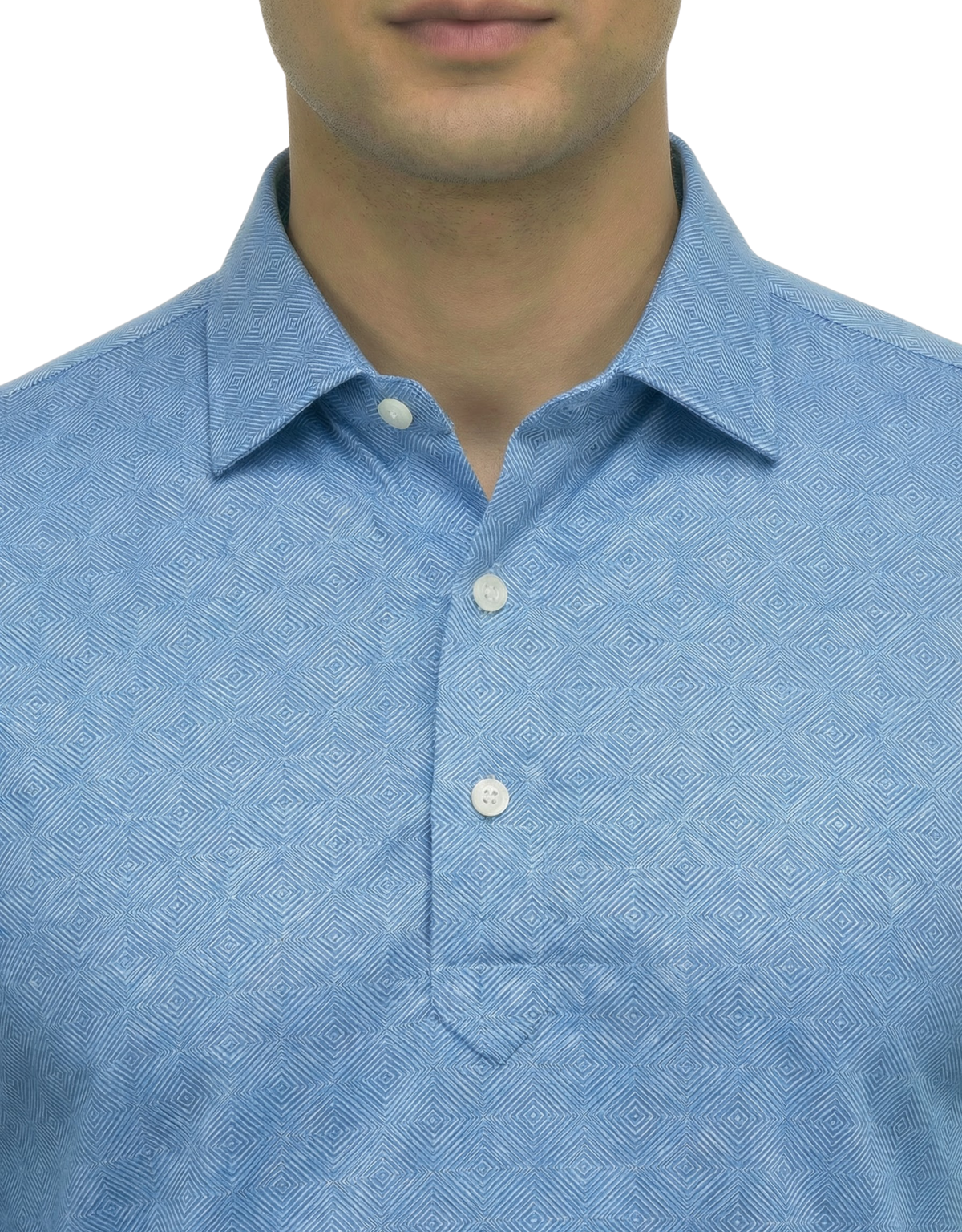 DapperTee blue squares long sleeve polo highlighting firm collar and professional fit.