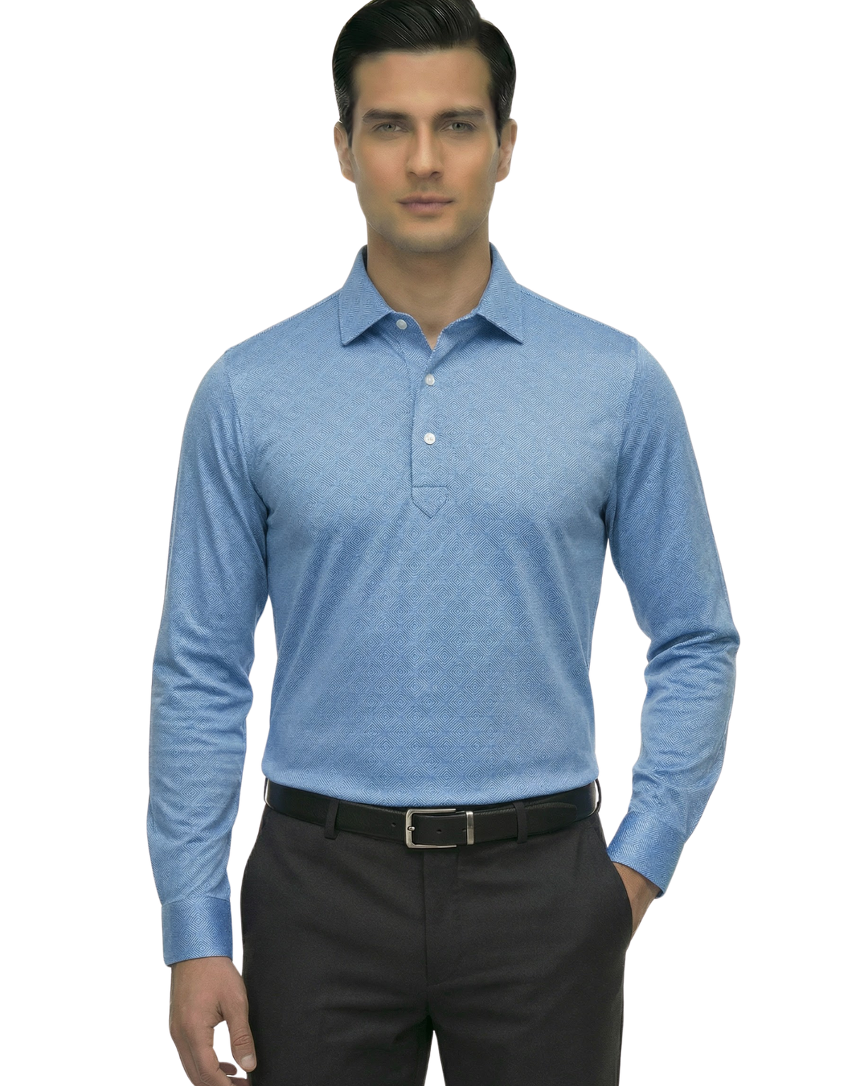 Men's DapperTee blue long sleeve polo breathable polyamide fabric for professional office.