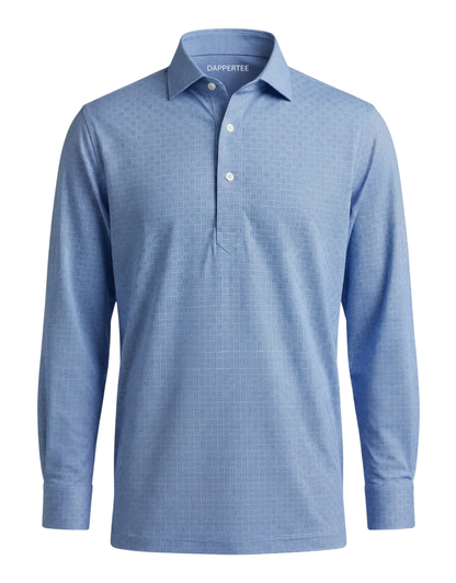 DapperTee Swede Blue jacquard long sleeve polo luxury premium professional office attire.