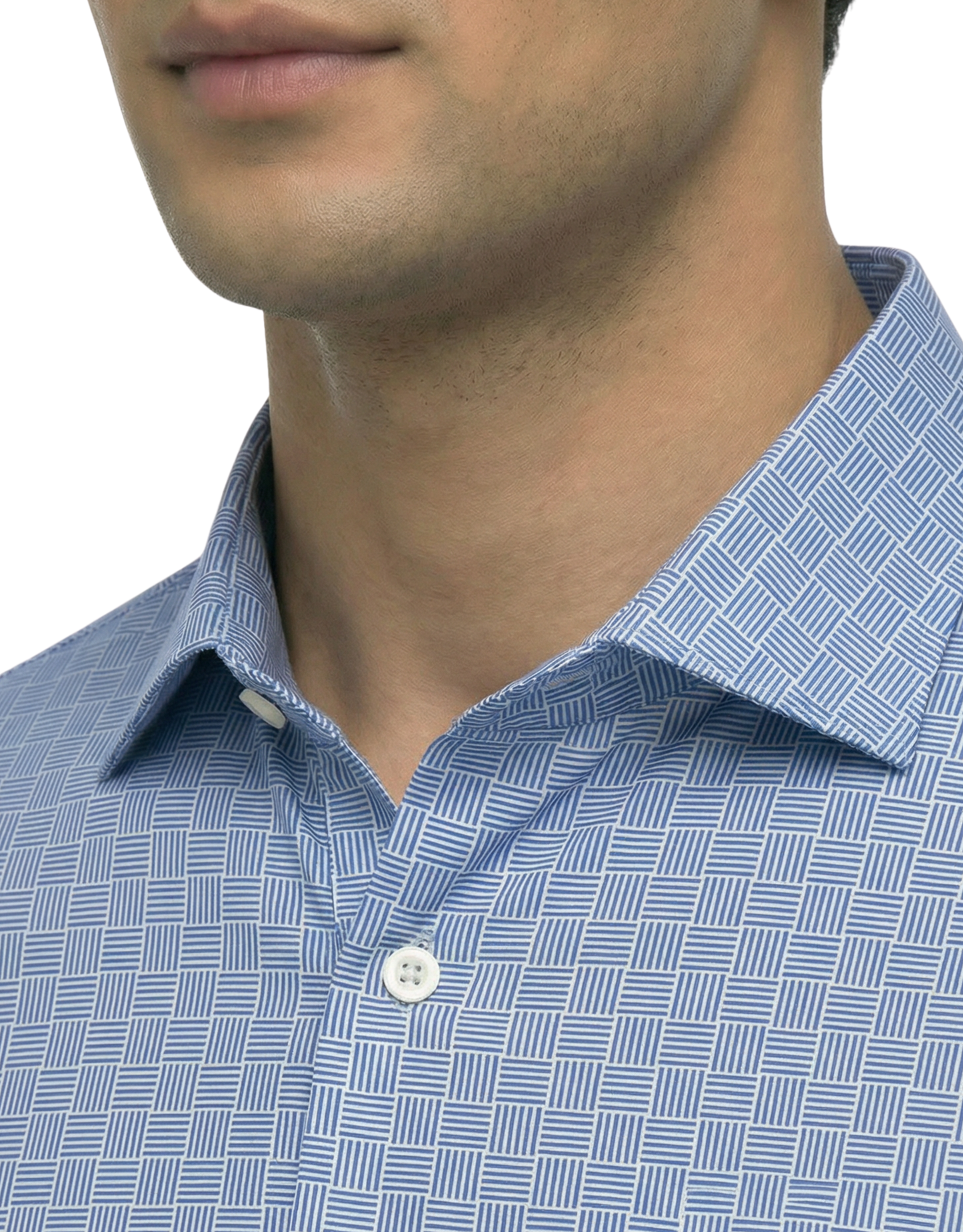 DapperTee blue jacquard long sleeve polo highlighting firm collar and professional fit.
