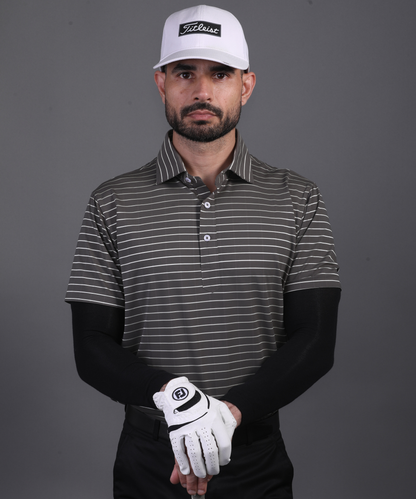 Men's DapperTee black striped polo breathable polyamide fabric for professional office environments.