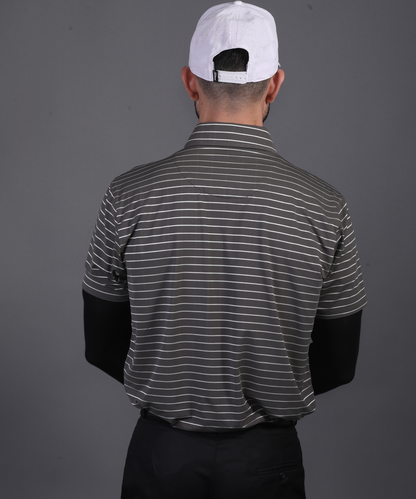 DapperTee black striped polo styled for high-end professional environments and corporate leadership.