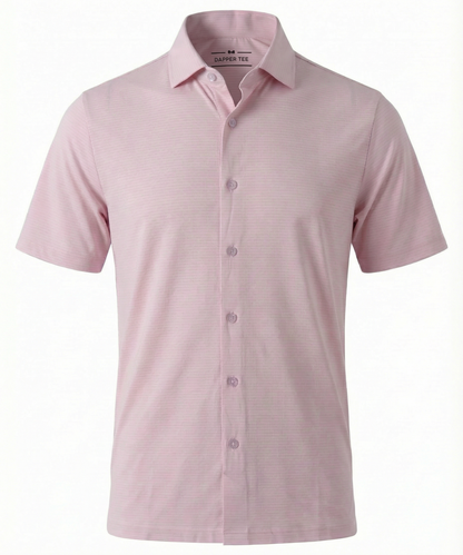 DapperTee premium stripe jacquard light pink open polo professional corporate office attire.