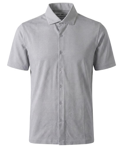 DapperTee premium stripe jacquard light grey open polo professional corporate office attire.