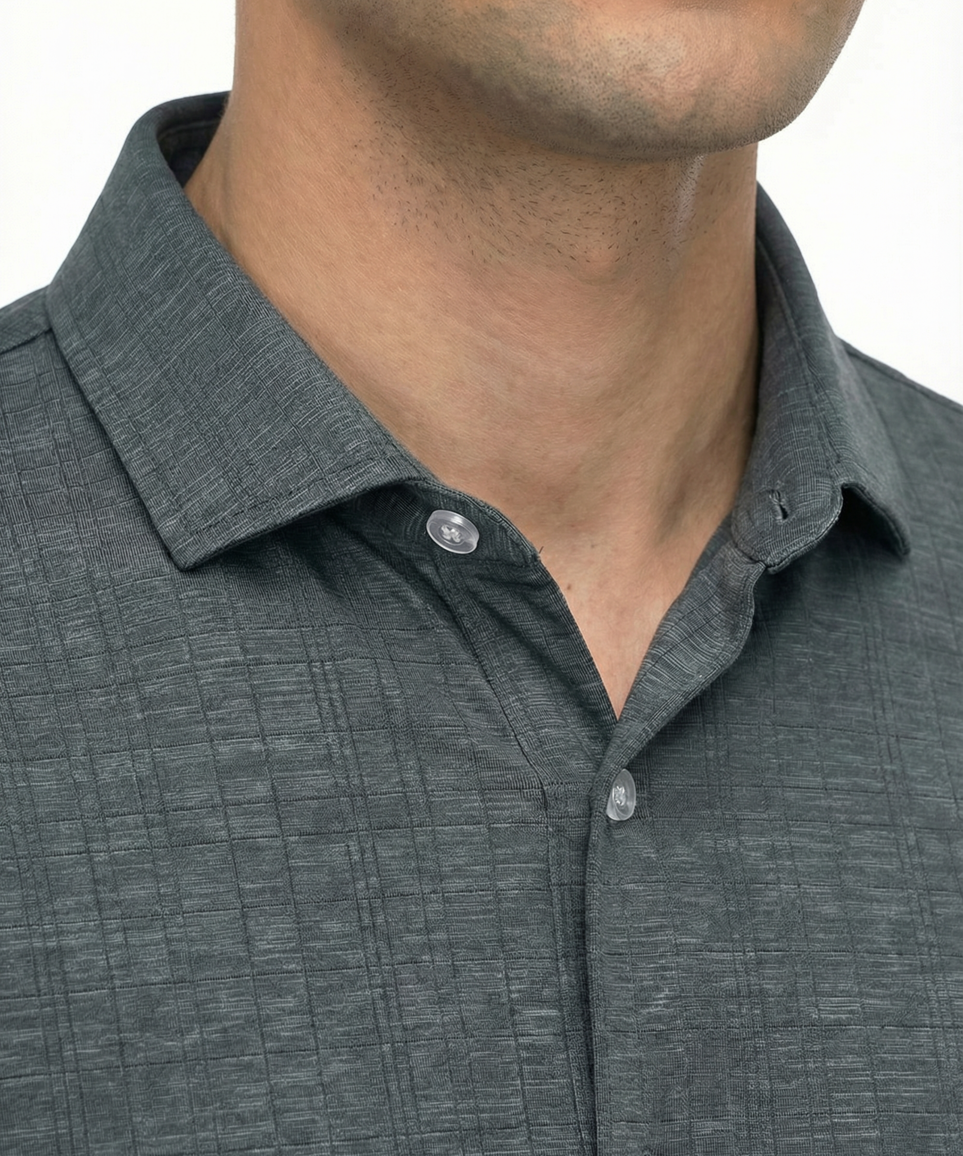 DapperTee black open polo highlighting firm collar and professional high-end tailored fit.