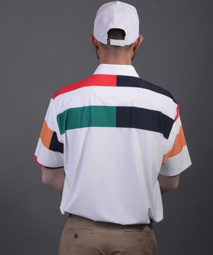 DapperTee Europe Design golf polo highlighting firm collar and relaxed fit design.