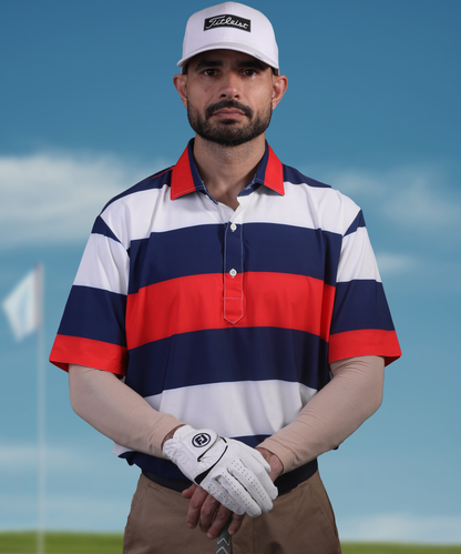 Men's DapperTee tri-color golf polo breathable polyamide fabric for professional athletic performance.