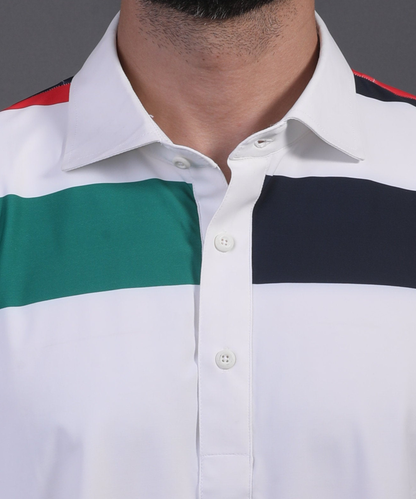DapperTee v stiched placket detail on premium polyamide multicolor striped luxury polo.