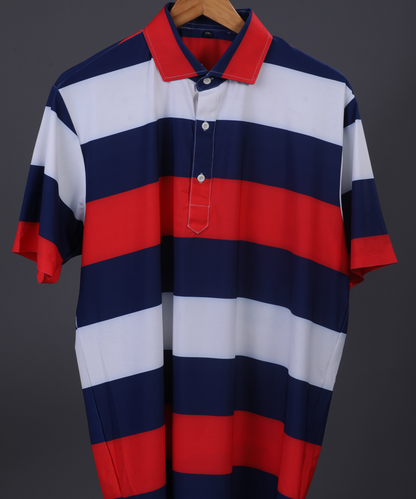 DapperTee American Essential Flex polo highlighting firm collar and specialized stripe design.