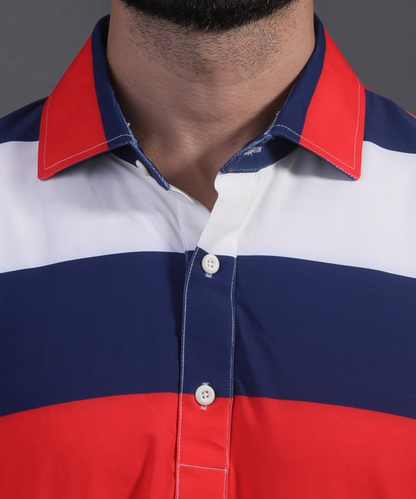 Close-up of DapperTee signature V-placket on premium polyamide tri-color striped golf polo