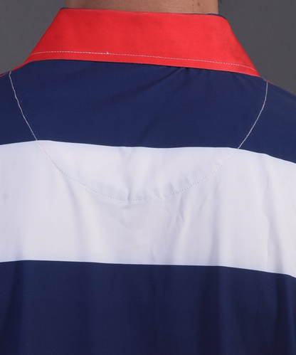 High-quality DapperTee firm collar construction on American Red Blue White golf polo.