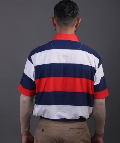 Full back view DapperTee American stripe polo for professional men's athletic style.