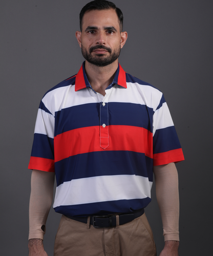 Well-groomed model in DapperTee American stripe polo for premium golf aesthetic.