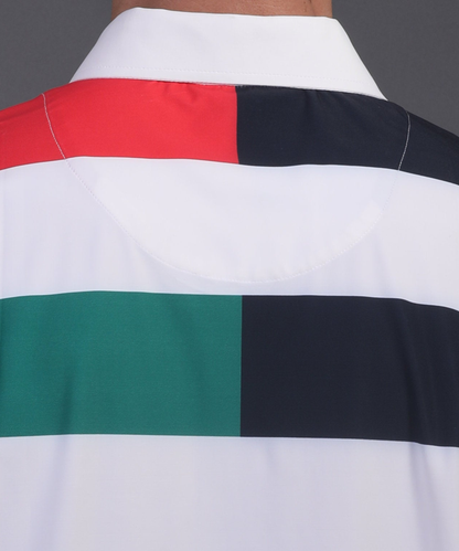 High quality DapperTee firm collar construction on colorful striped professional golf polo.