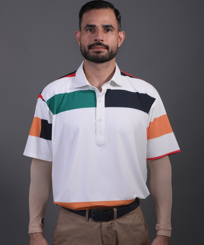 Well groomed model wearing DapperTee Europe Design polo for premium golf aesthetic.