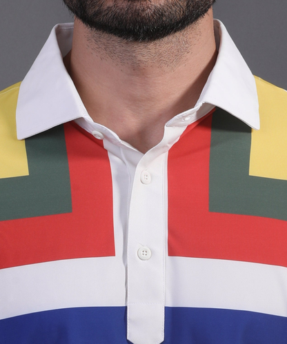 Golf wear DapperTee signature V-placket close-up on premium polyamide multi-stripe office wear polo.