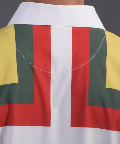 High-quality DapperTee firm collar construction on colorful striped professional golf polo.