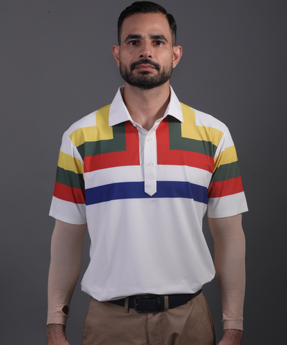 Well-groomed model in DapperTee striped polo for golf.