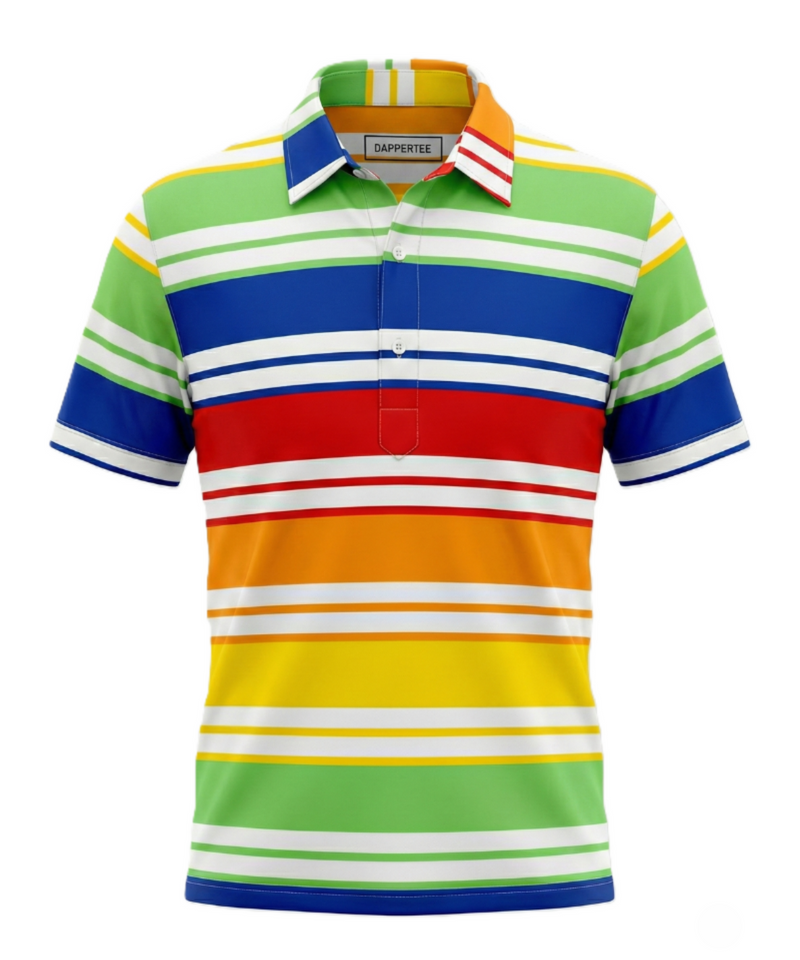 DapperTee multicolor stripe golf polo luxury athletic wear signature v stiched placket.