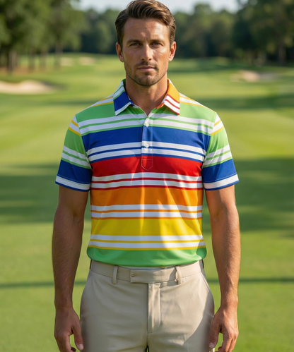 Men’s DapperTee colorful golf polo breathable polyamide fabric professional athletic performance gear.