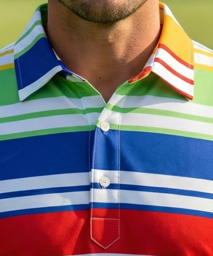 DapperTee colorful stripe golf polo highlighting firm collar and signature v stiched placket.