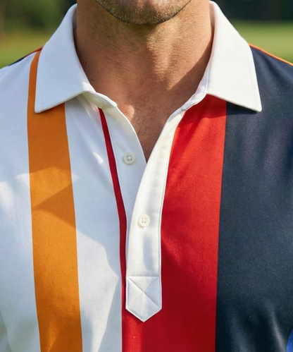 DapperTee multicolor vertical polo highlighting firm collar and signature v stiched placket.