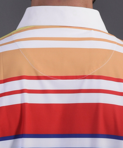 High-quality DapperTee firm collar construction on colorful striped professional golf polo.