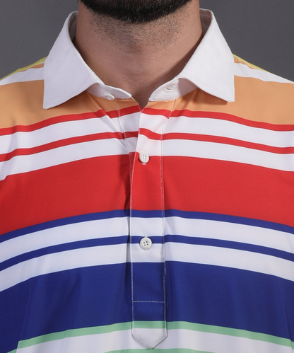 DapperTee signature V-placket close-up on premium polyamide multi-stripe golf wear polo