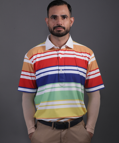 Well-groomed model in DapperTee striped polo, aesthetic for golf.