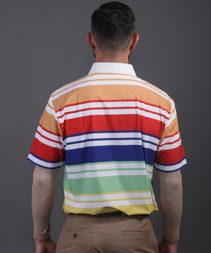 Full back view DapperTee colorful stripe polo for professional men's style.