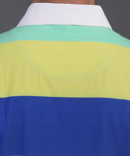 High quality DapperTee firm collar construction on yellow blue white green polo.