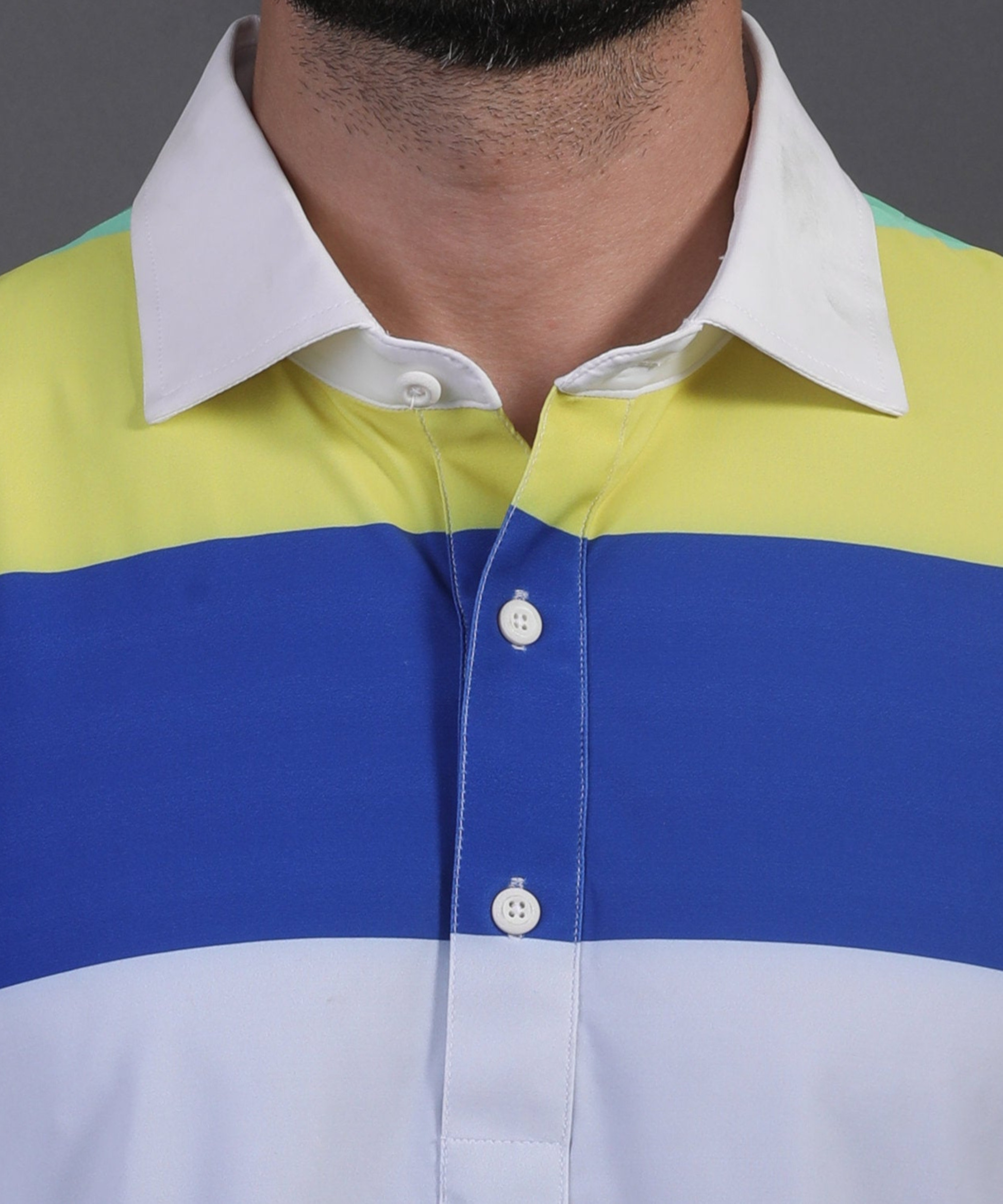 DapperTee v stiched placket detail on premium polyamide multicolor striped luxury polo.