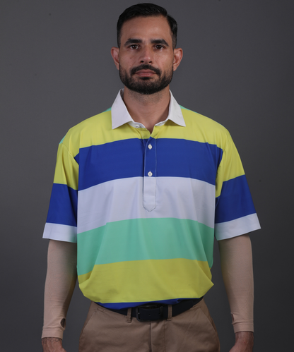 Well groomed model wearing DapperTee Pure Essential polo for premium golf aesthetic.