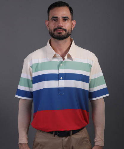 Well groomed model wearing DapperTee Super Essential polo for premium golf aesthetic.