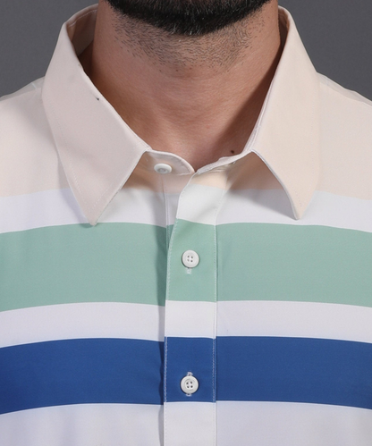 DapperTee v stiched placket detail on premium polyamide tri-color striped luxury polo.