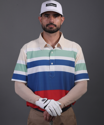 Men’s DapperTee tri-color golf polo breathable polyamide fabric professional athletic performance gear.