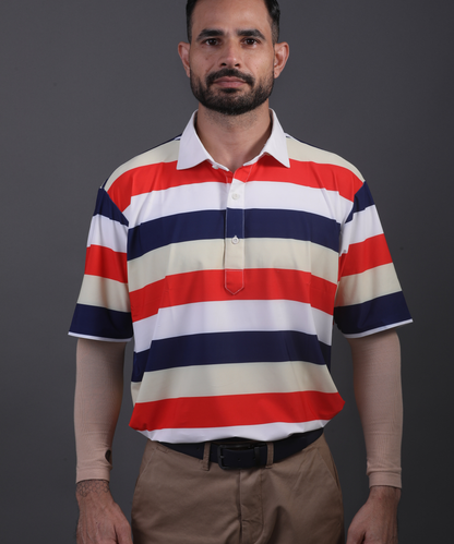 Well-groomed model wearing DapperTee American stripe polo for premium luxury golf aesthetic.