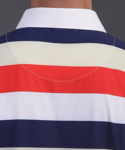High-quality DapperTee firm collar construction on American red blue white golf polo.