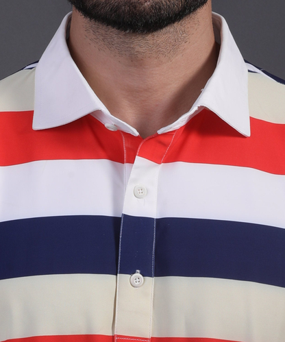DapperTee V-stitched placket detail on premium polyamide tri-color striped luxury golf polo.