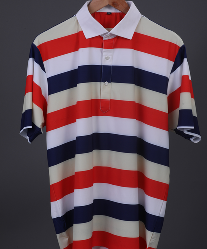 DapperTee American Essential Flex polo highlighting firm collar specialized stripe design.
