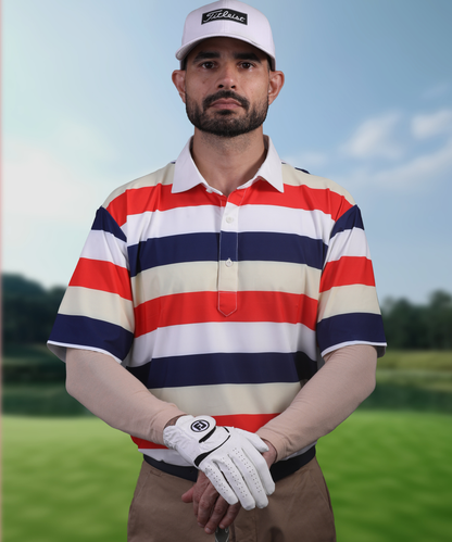 Men's DapperTee tri-color golf polo breathable polyamide fabric professional athletic performance gear.