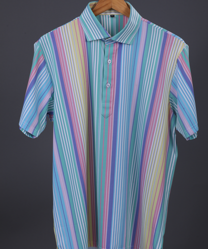 Vertical Luxe Stripes DapperTee polo highlighting specialized fabric and firm collar construction.