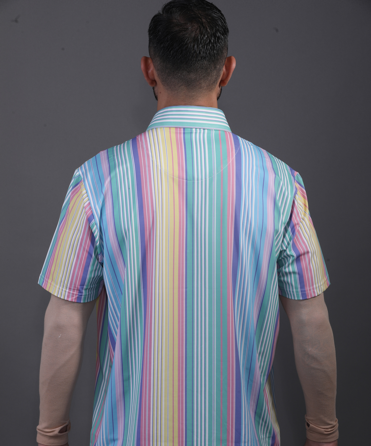 DapperTee Vertical Luxe Stripes polo back view for professional men's corporate style.