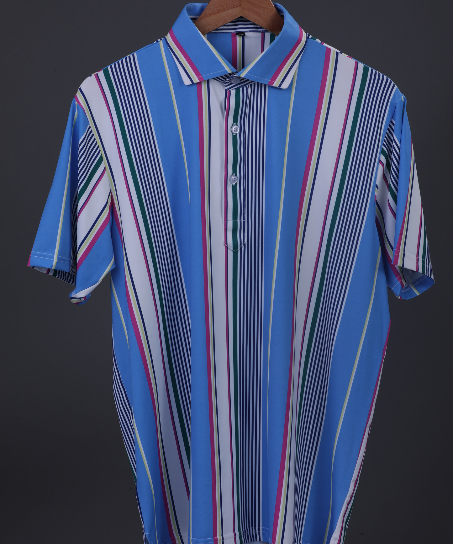 DapperTee blue striped polo on hanger highlighting firm collar and specialized fabric.