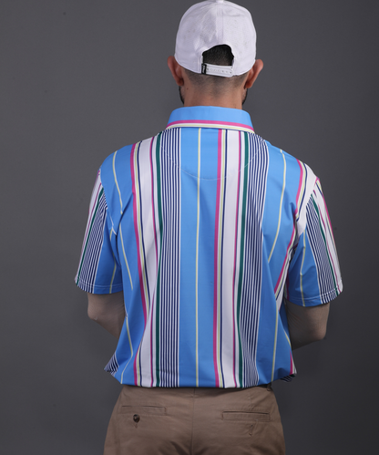 Rear view DapperTee blue stripe polo demonstrating athletic fit and stretchable comfort.