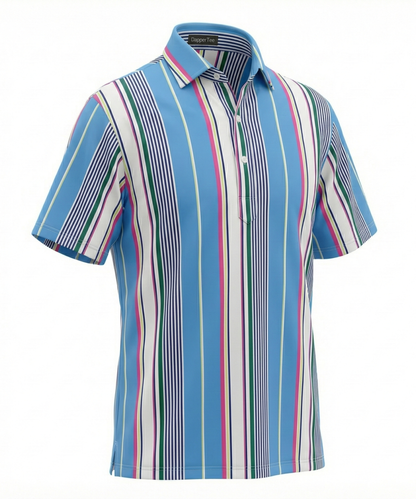 DapperTee blue vertical stripe luxury office polo with signature V-placket design.